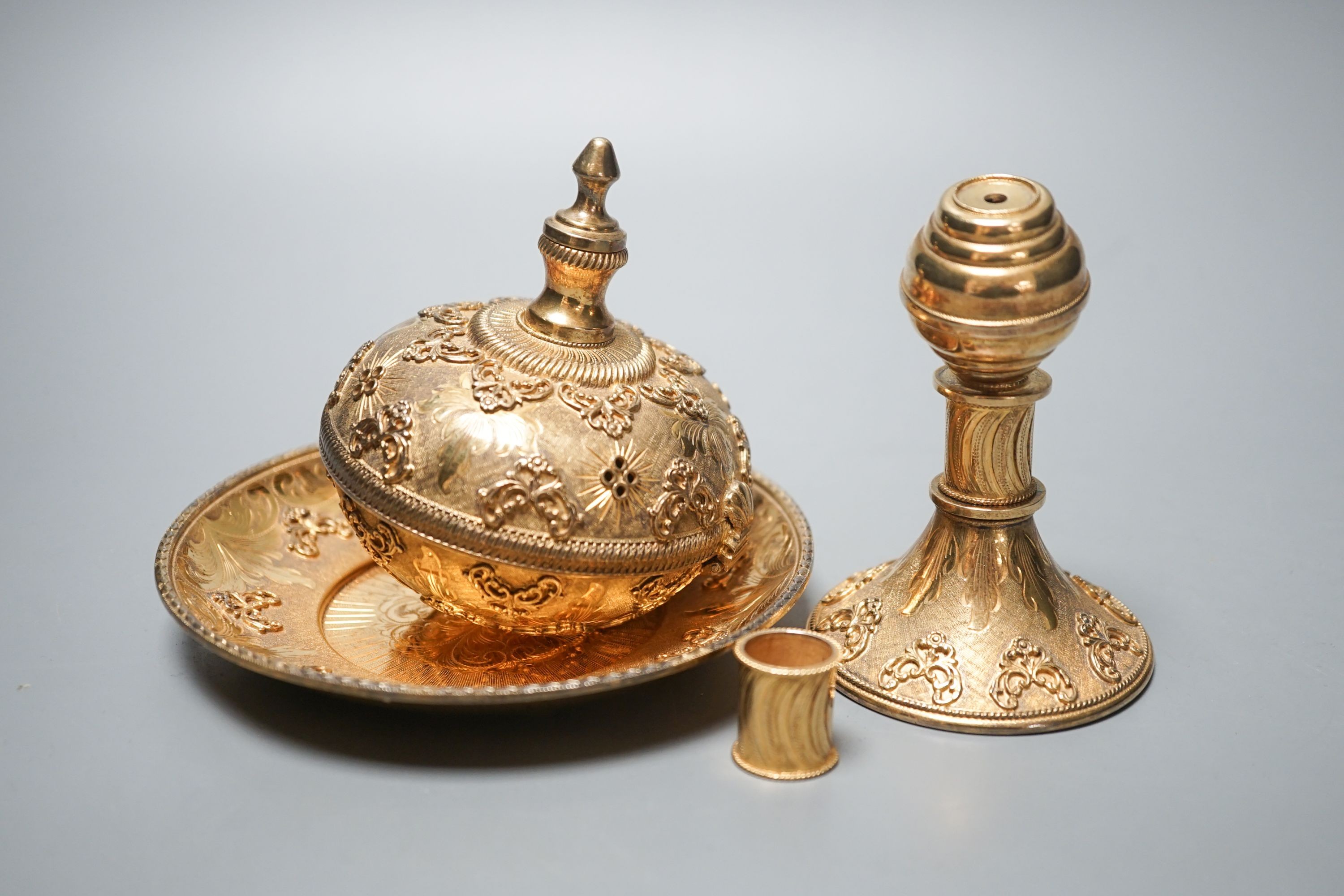 An ornate 20th century continental gilt white metal censer, stamped 925 (part of central stem missing).